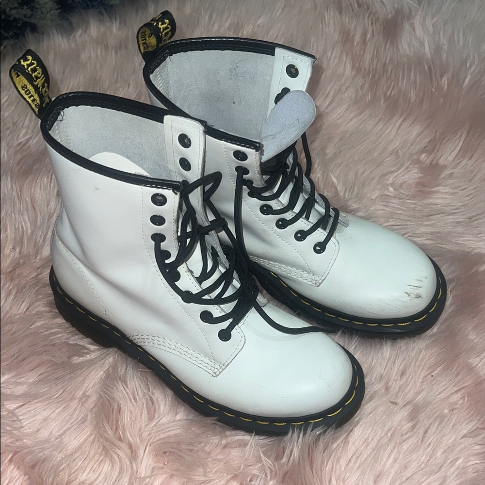 Dr. Martens White Boots with Black and Yellow Accents women’s size 8